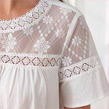 Vestido midi de mujer con cuello redondo y mangas cortas con encaje en contraste - Blanco - Ver 6