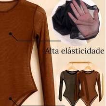 Women's Plain Tulle Bodysuit With Long Sleeves And High Neck - Sheer - Autumn/Winter Fashion - 白色 - 查看 3
