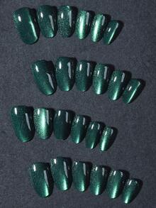 24pcs Y2K Short Oval Emerald Cat Eye Press-On Nails, Acrylic Fake Nail Set, Includes 1pc Jelly Glue And 1pc Nail File, Suitable For DIY Use. - Green - View 3