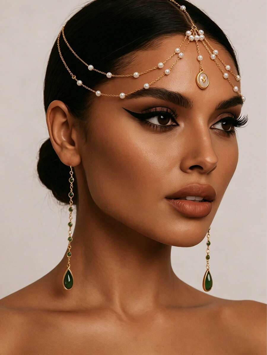 1 Piece Of Elegant And Charming Gold Flower White Drip Oil Pendant Double Layered Gold Hair Accessory Chain For Women, Bohemian Style White Faux Pearl Prayer Beads Double Layered Gold Hair Accessory Chain For Girls, Fashionable Palace Style Rose Blossom Pendant Double Layered Gold Head Jewelry For Women, Summer Beach Party Jewelry Hair Accessory Chain For Women, Suitable For Women To Wear All Year Round, Gifts For Good Friends And Family - Gold - View 1