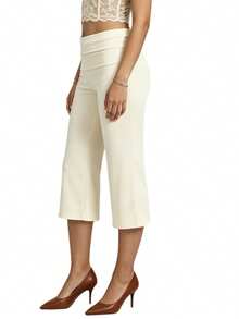 Womens Wide Leg Capris Casual Fold Over Waist Stylish Solid Color Mid Rise Cropped Pants - Yellow - View 2