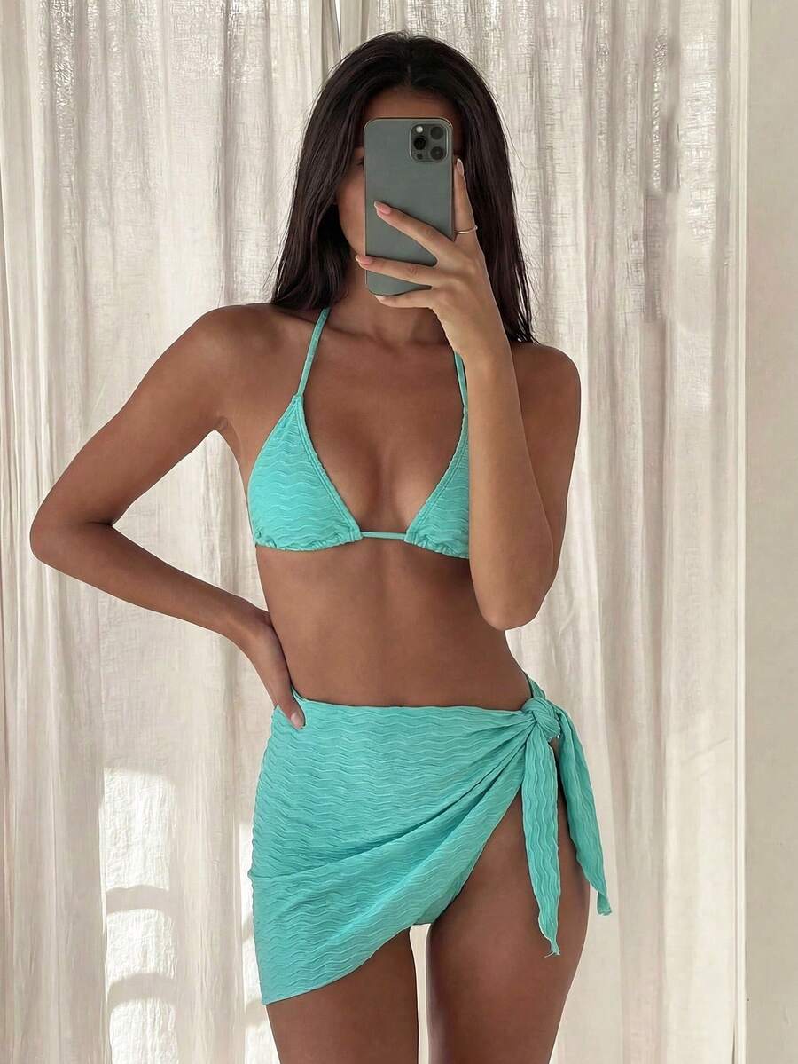 Swim Vcay Women's Halter Style Solid Color Bikini Swimsuit Set, Swimwear Set For Summer Beach Vacation - 酒紅色 - 查看 1