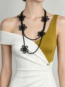 MARLIWOO 1pc Black Hollow Flower Multilayer Long Necklace, Minimalist Gothic Style Jewelry, Versatile For Daily And Work Wear - Black - View 8