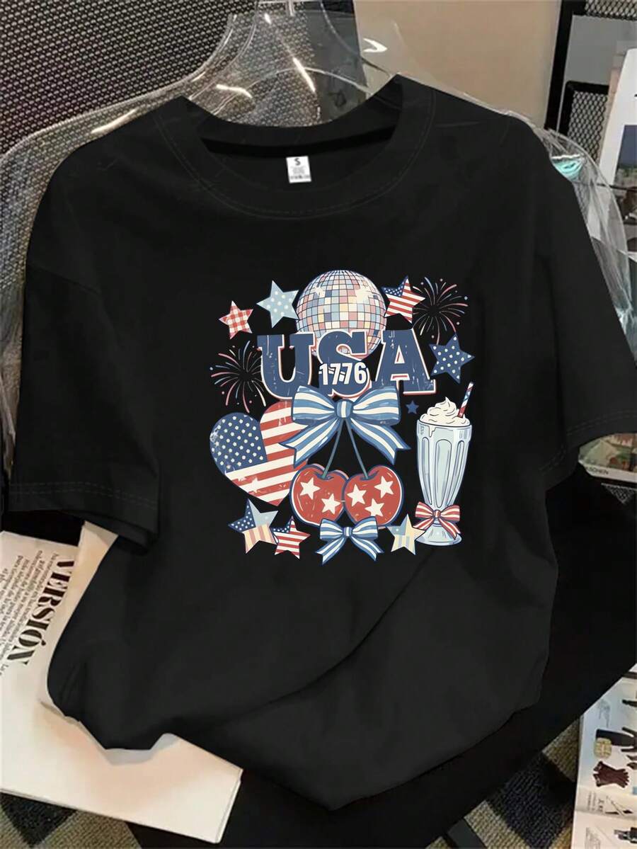 Camiseta de manga corta y cuello redondo para mujer con nuestro logo estampado, apta para todas las estaciones. - Negro - Ver 1