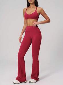 NcmRyu Women's One Set Solid Color V-Neck Multi-Strap Crisscross Back Hollow Out Backless Sports Bra High-Waist Flare Pants Sports Set - Red - View 8