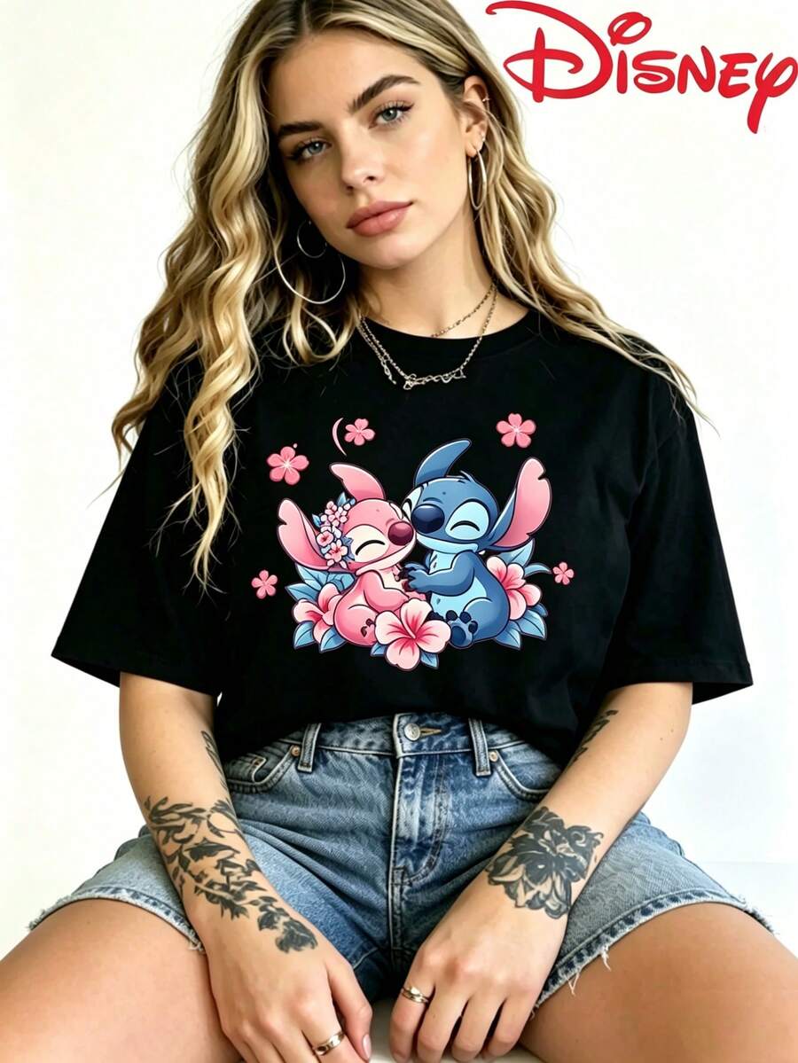 Disney Brand Summer Women's Dress Cotton Short Sleeve Round Neck T Shirt With Cute Floral Cartoon Graphic, Casual Spring Streetwear Regular Fit Top - Black - View 1