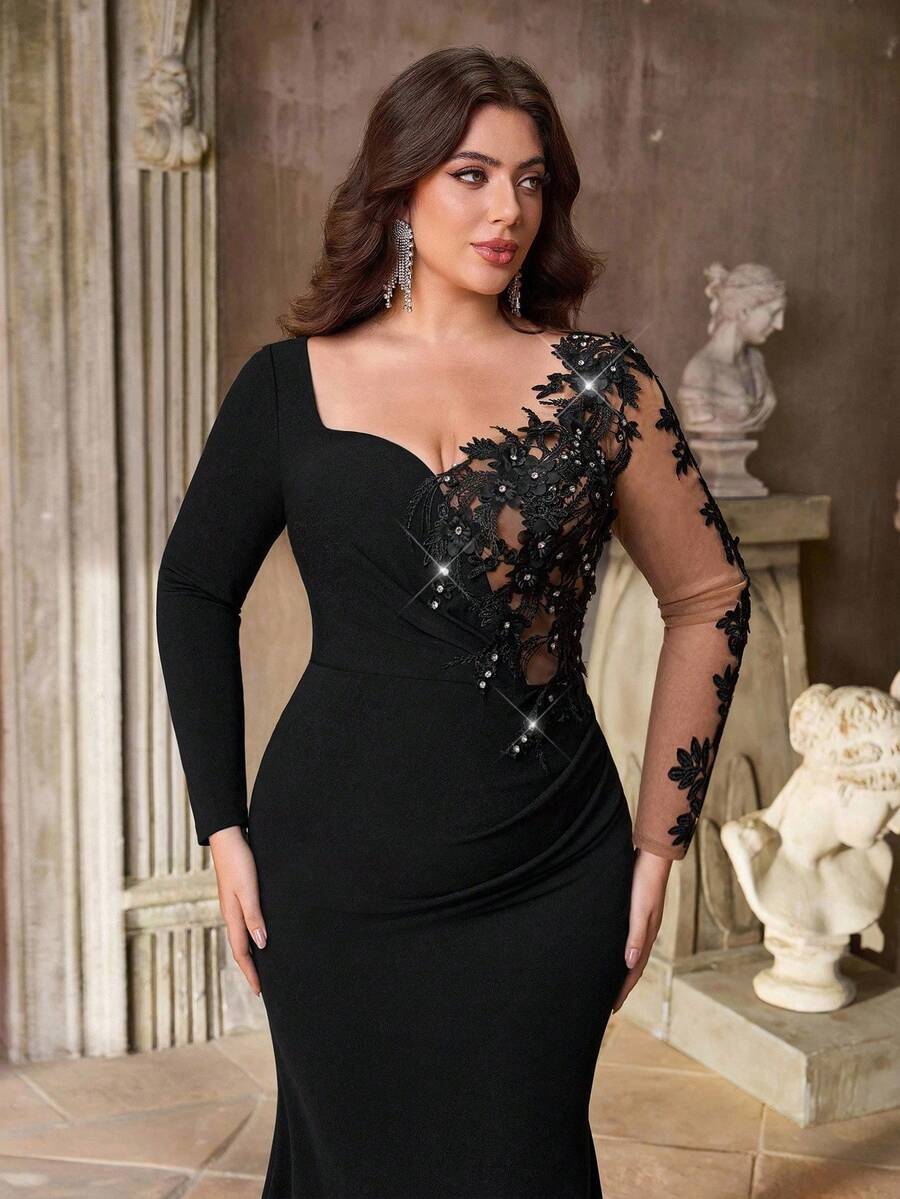 Aureia Vestido elegante y lujoso de talla grande para otoño e invierno con bordados de encaje, aplicaciones de diamantes y cuentas, manga larga, bajo de sirena, adecuado para cena, boda, fiesta de graduación, fiesta de Navidad, baile de graduación y Día de San Valentín (modelo pesado) - Negro - Ver 1