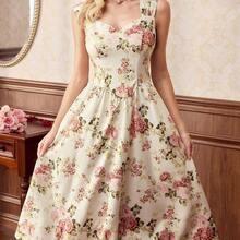 LunaCass8  Vestido elegante vintage de mujer con bolsillos, vestido con estampado floral, cuello en forma de corazón, vestido casual de vacaciones, vestidos de verano para mujer, conjuntos de vacaciones de verano, atuendos de primavera para mujer, vestidos de primavera para mujer, ropa de primavera para mujer, atuendos de vacaciones de primavera, ropa de primavera para mujer, vestidos elegantes para fiestas, vestidos elegantes para fiestas para mujer, vestido de invitada de boda, vestido de fiest - Rosa - Ver 3