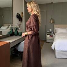 2026 Spring/Summer Women's Cotton-Linen Solid Color Casual Loose Long Dress With Double Side Pockets - Light Blue - View 3