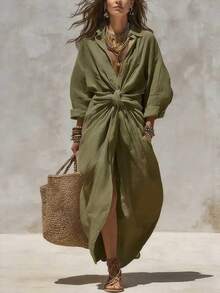 2026 Women's Solid Color Shirt Collar Single-Breasted Pocket Cardigan Long Sleeve Casual Dress - 卡其 - 查看 9