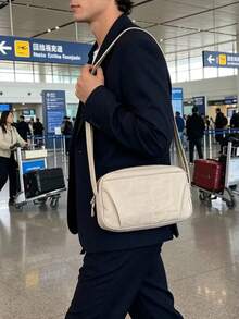 純色尼龍布料輕量時尚男士斜背包 運動風簡約旅行肩背包 百搭款 - 米色 - 查看 5