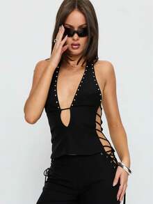 Womens Rivets Studded Halter Neck Plunge Cami Top Self-Tie Spaghetti Straps V-Neck Cut Out Front Crop Tank Top Camisole Vest Y2K Streetwear Party Tops - F217030-黑色 - 查看 2