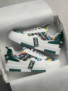 Men's Personalized Colorblock Random Print Patchwork Design Comfortable Low-Top Casual Sports Shoes, Daily Wear Retro Sneakers For Teenagers And Young Adults, Suitable For All Seasons - White and green - View 7