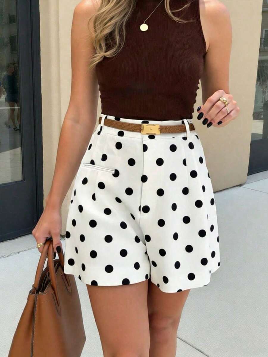 Pantalones cortos casuales de verano con estampado de lunares elegantes para mujer - Blanco y Negro - Ver 1