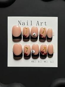 Handgefertigte Aufklebe-Nägel, 10 Stücke nude & schwarze French Tip Fake Nägel mit 3D Kirsch- und Nummer 8 Charms, kurze quadratische Nägel, Nagelkunst, Sommernägel, Y2K, 3D Nägel, quadratische Acrylnägel, wiederverwendbare Kunstnägel für den Alltag/Retro-Themenparty - Babypink - Übersicht 2
