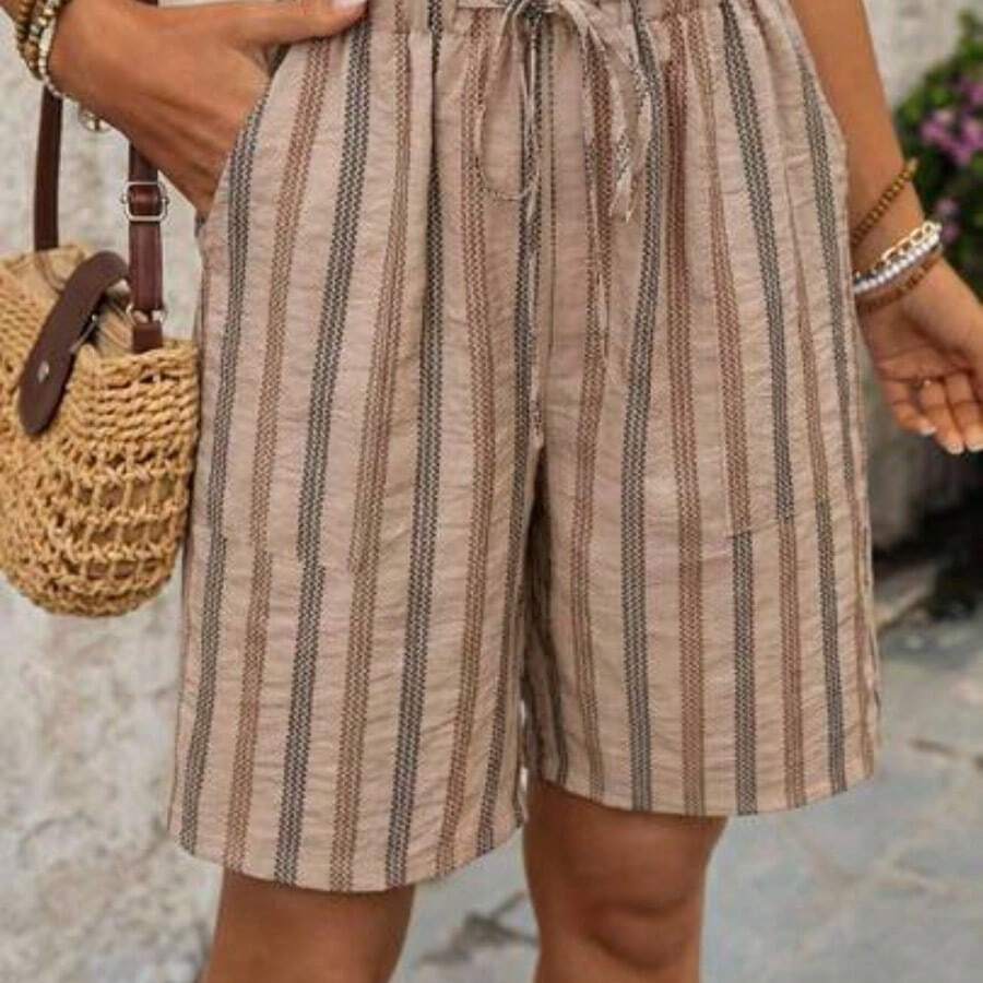 Faunlyn Pantalones cortos tipo bermudas a rayas con bolsillos laterales, de corte amplio y cintura media, estilo básico - Multicolor - Ver 1