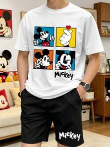 Disney 2pcs Mickey Mouse Print Men's Casual Loungewear Set, Round Neck Top And Shorts, Suitable For Spring/Summer - Black and White - View 3