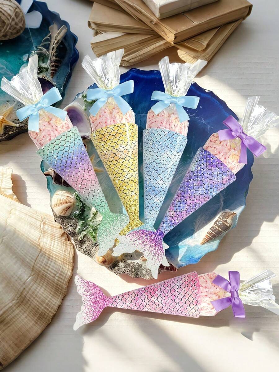 10/20 Sets Mermaid Party Favor Set Include 10pcs Mermaid Tail Shaped Boxes 10pcs Gift Bags 10pcs Bows Colorful Ocean Theme Gift Box For Birthday Wedding Babyshower Christmas Party Decorations - Multicolor - View 1