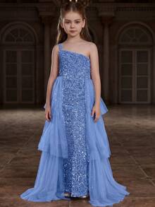 Elegant Sleeveless Sequin Floor-Length Evening Dress, Multi-Layer Chiffon Skirt, Fitted Silhouette - Charming And Suitable For Weddings, Galas - Baby Blue - View 4