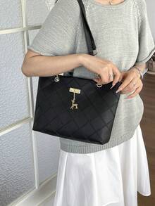 1pc Polyester Deer Pattern Large Capacity Zipper Fashion Women's Shoulder Tote Bag, Suitable For Daily Use - Black - View 7