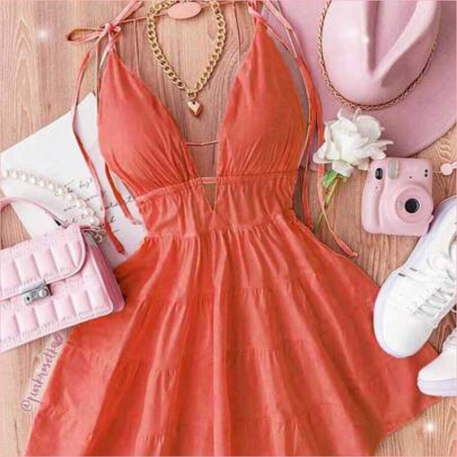 Everyssa Vestido de mujer de unicolor con cuello en V, tirantes con lazo, sin mangas y con volantes en el bajo - Naranja Quemada - Ver 1