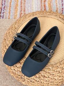 2026 New Women's Dark Brown Square Toe Mary Jane Shoes, Unique Double Strap Buckle Design, Versatile For Commuting, Elegant Fashion, Casual Minimalist - Navy Blue - View 11