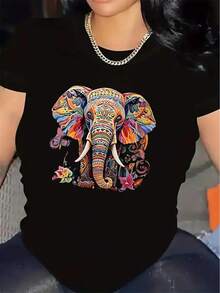 Camiseta de Manga Corta de Poliéster con Estampado de Elefante Colorido, Ligera y Duradera para Uso Casual en Casa o Restaurante, Ajuste Cómodo para Uso Diario - Negro - Ver 1