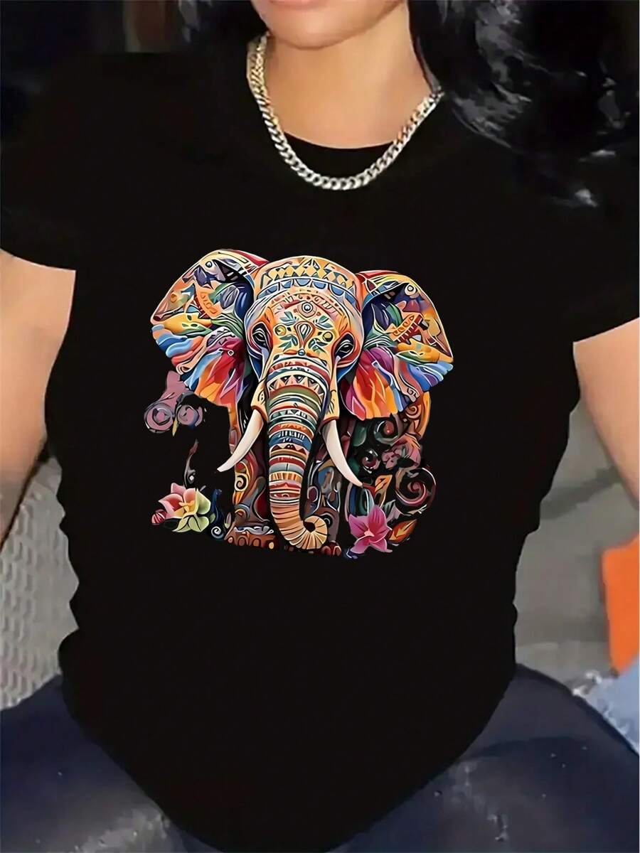 Camiseta de Manga Corta de Poliéster con Estampado de Elefante Colorido, Ligera y Duradera para Uso Casual en Casa o Restaurante, Ajuste Cómodo para Uso Diario - Negro - Ver 1
