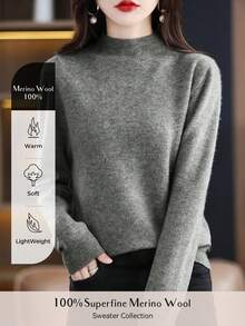 100%美麗諾羊毛女款毛衣，柔軟保暖，高領套頭衫，秋冬款，無縫一體式設計 - 灰色 - 查看 2