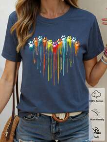 Resyla Camiseta cómoda de mujer con estampado de rayas y flores de margarita, cuello redondo, manga corta, minimalista y versátil para uso casual - Azul marino 2 - Ver 1