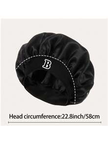 Silky Black Customized Initial Satin Sleep Cap, Elastic Wide Brim Hair Protection Cap, Soft Smooth Night Cap, Reduces Curly Hair Breakage - Black Letters - View 4