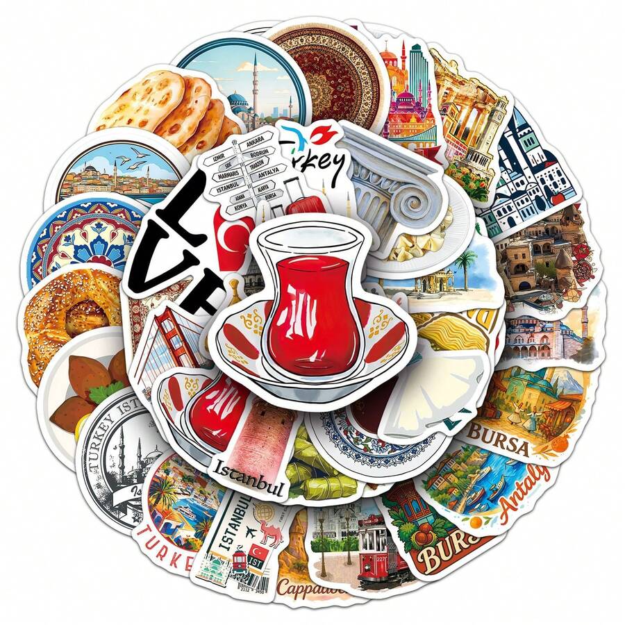 50pcs Cartoon Turkey Travel Diary Stickers, Exquisite National Outdoor Landscape Doodle Stickers, Waterproof, Suitable For Notebooks, Skateboards, Water Bottles, Bullet Journals, Computers, Diaries, Phones, Cars - Multicolor - View 1