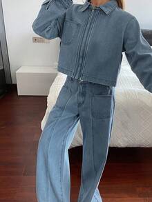 Conjunto de top corto con cuello y jeans de corte holgado para mujer - Lavado ligero - Ver 1