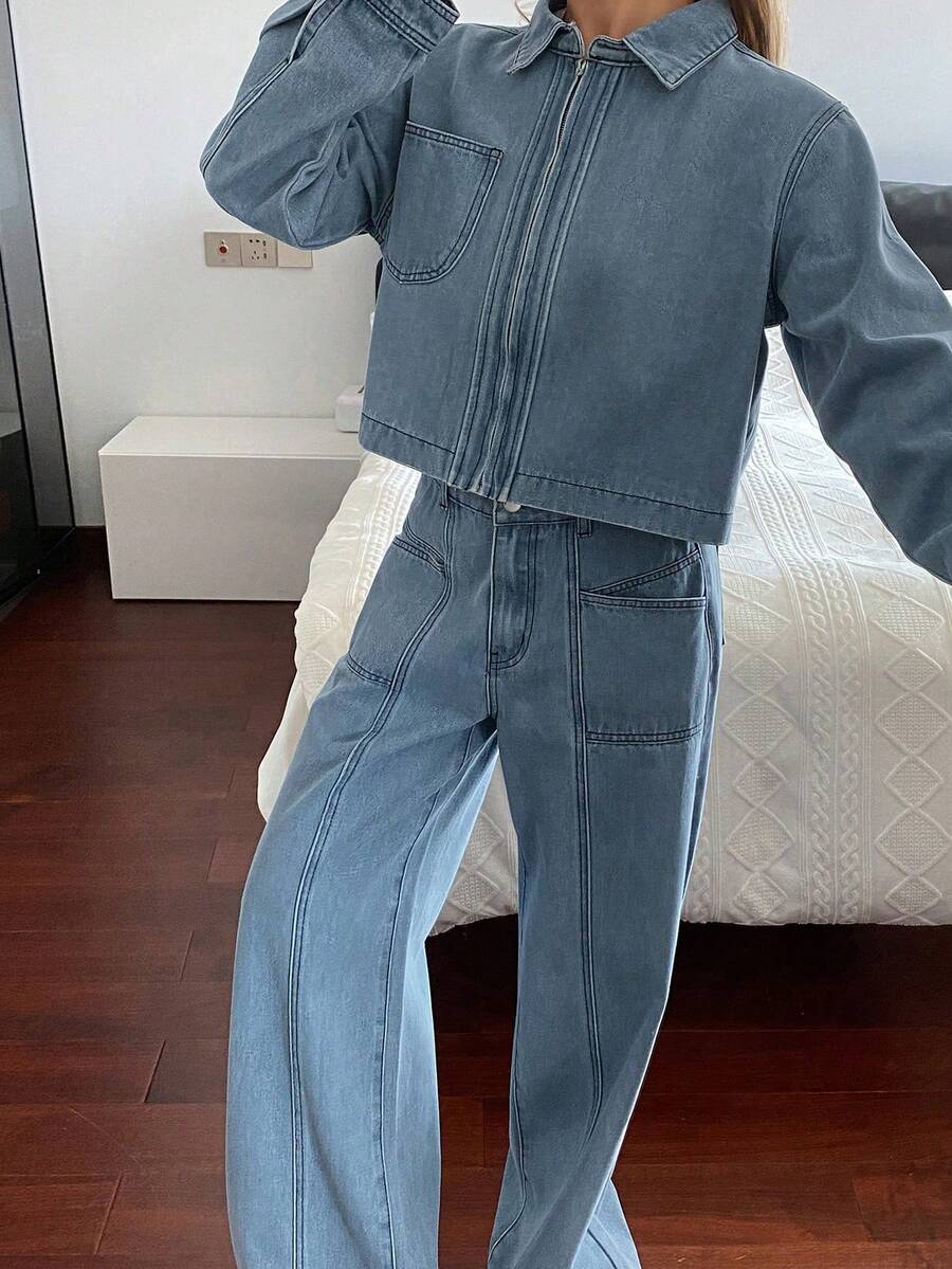 Conjunto de top corto con cuello y jeans de corte holgado para mujer - Lavado ligero - Ver 1