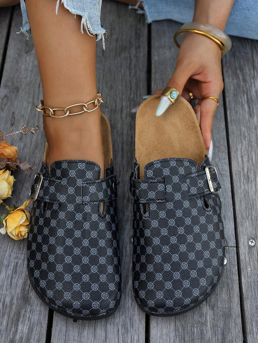 Chinelos Femininos Novos Leves de Luxo com Estampa Vintage, Bico Fechado, Tira com Fivela, Sola Macia, Confortáveis, Versáteis para Primavera, Verão e Outono, Uso Interno e Externo, Sapatos Casuais Minimalistas Premium para Passeios Diários, Deslocamento e Relaxamento - Flor Negra - Visão 1