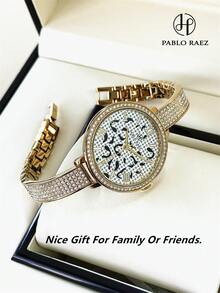 Pablo Raez 1件 18K金女款手錶，原創迷人奢華全水鑽正裝手錶，不鏽鋼金銀色優雅腕錶，全新設計師石英手錶，時尚豹紋錶盤，高品質熱門女款手錶，50米防水，金屬鋼錶帶鏈條，珠寶扣環，休閒青少年可愛手錶，送女友或家人的精美禮物，適合日常/工作/派對裝飾，畢業/婚禮/生日禮物 - 均碼 - 查看 9