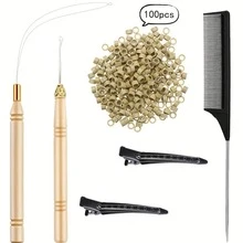 Kit de herramientas para extensiones de cabello, 100 piezas de cuentas de silicona, 2 ganchos de ganchillo, 2 pinzas de pico de pato, para accesorios de herramientas de peinado profesional - Ver 12