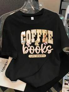 Camisa de mujer de manga corta y cuello redondo con estampado de logotipo de café y libro, apta para todas las estaciones. - Negro - Ver 1