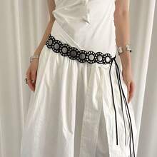 1pc PU Leather Mirror Disc Studded Lace-Up Waist Belt - Black - View 5
