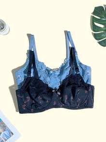 3pcs/Set Fresh Print Seamless Underwire Side-Support Adjustable Shoulder Strap Comfortable Everyday Plus Size Bra For Women - Multicolor - View 5