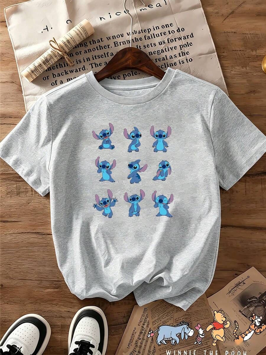 Breathable Cotton Disney Fan Tee | "Stitch" Cute Expressions Grid Print | Lilo & Stitch Short-Sleeve Shirt - 灰色 - 查看 1