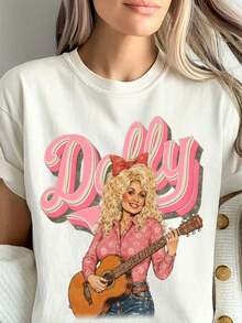 T-Shirt Da Donna Dolly Graphic In Stile Retrò 2026 - T-Shirt Casual A Maniche Corte E Vestibilità Slim - Elegante T-Shirt Bianca Con Grande Scritta Rosa "Dolly" Con Contorno Nero - 白色 - 查看 1