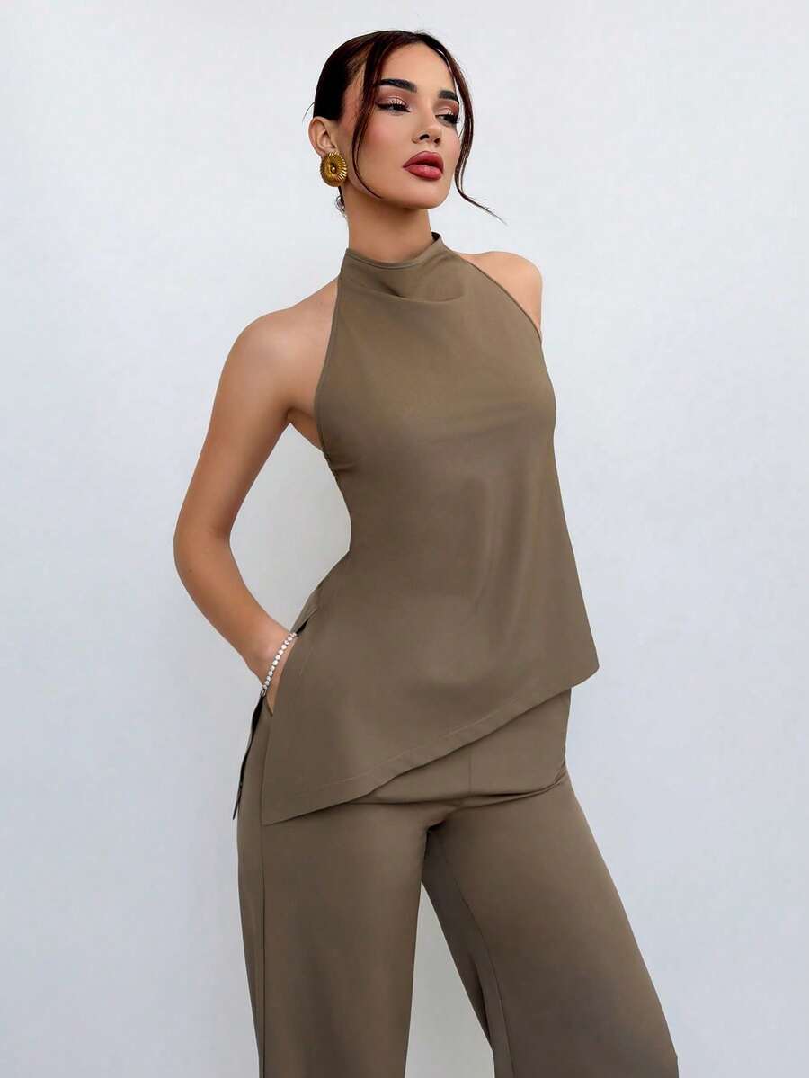 Halter Top And Light Brown Pants Set, Simple Style For Going To Work - Whole Grain Coffee - View 1