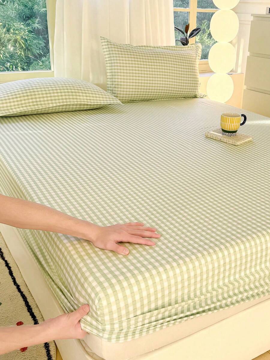 Juego de 3 piezas de ropa de cama, con patrón de tablero de ajedrez, ligero y suave y cómodo, que incluye 1 sábana ajustable y 2 fundas de almohada, sin relleno, adecuado para dormitorio, dormitorio, con opciones de varios tamaños, adecuado para uso en verano - Verde Pastel - Ver 1