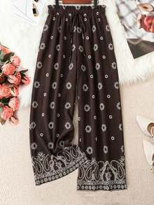 Retro Plus Size Women'S Valentine'S Day Allover Print Woven Wide Leg Pants, Regular Fit Casual Trousers, Summer, Rave, Spring Break, Boho Fall Cloth For Women Capri For Women Beach Outfit For Woman Y2K Clothing Women - 多色 5 - 查看 1