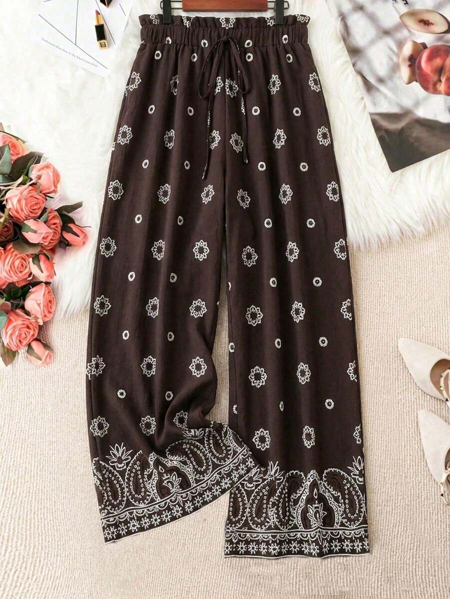 Retro Plus Size Women'S Valentine'S Day Allover Print Woven Wide Leg Pants, Regular Fit Casual Trousers, Summer, Rave, Spring Break, Boho Fall Cloth For Women Capri For Women Beach Outfit For Woman Y2K Clothing Women - 多色 5 - 查看 1