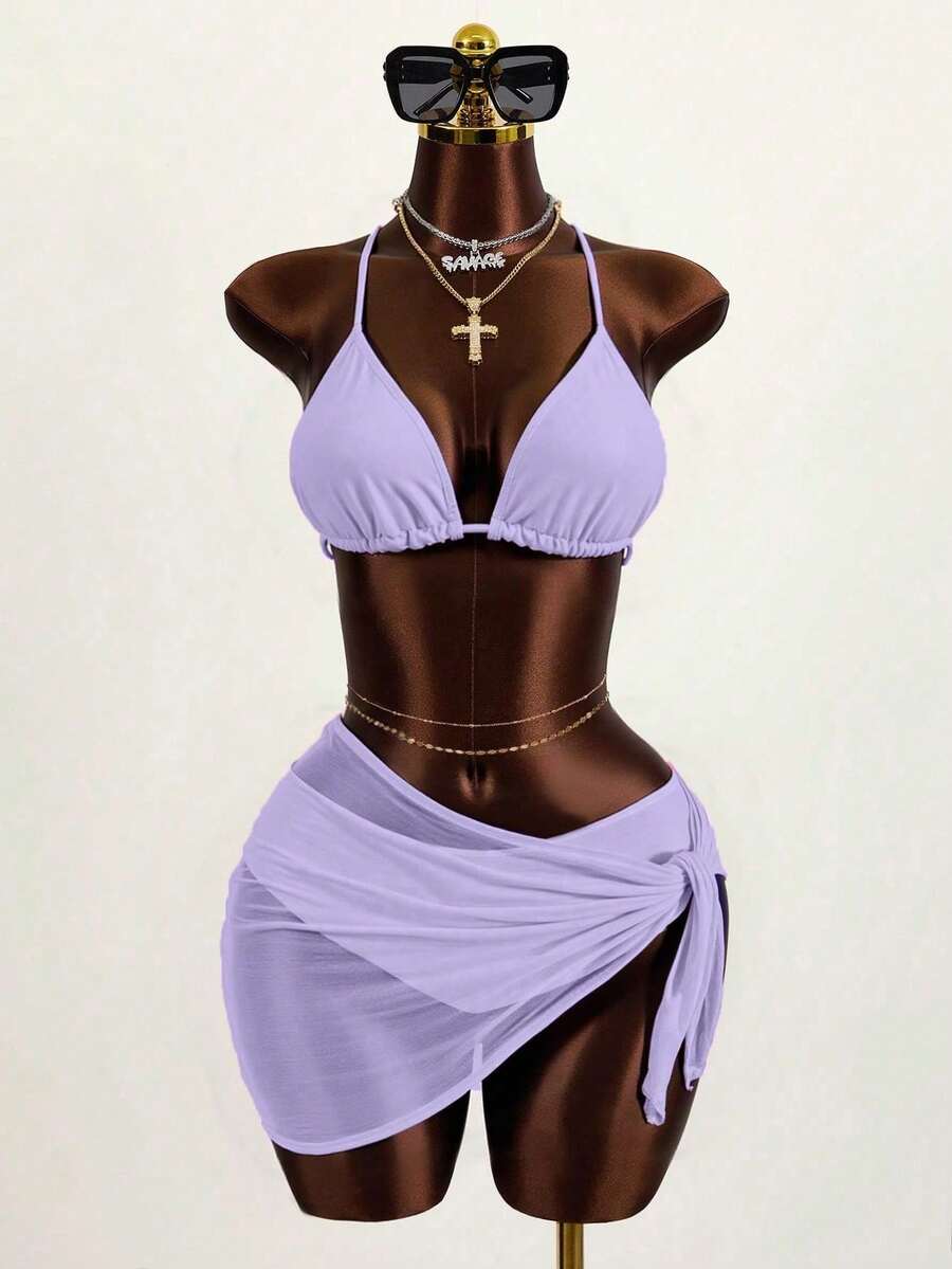 Swim Vcay Women's Halter Style Solid Color Bikini Swimsuit Set, Swimwear Set For Summer Beach Vacation - 銀色 - 查看 1