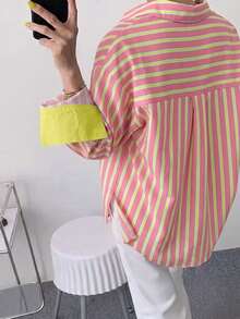 Kemeja Wanita Longgar Bergaris dengan Kancing Depan, Blus Gaya Kasual Santai dengan Manset Warna Kontras, Lengan Panjang untuk Kerja, Warna Pink Musim Semi/Panas - Berwarna merah muda - View 4