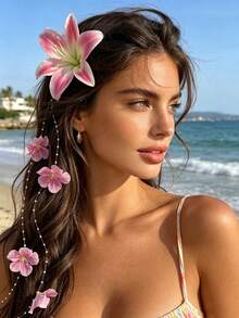 1 pezzo Accessorio per capelli con fiore di giglio bohémien primavera/estate, copricapo con catena di perle e nappe per donna, fermaglio per capelli con decorazione di fiori finti, stile romantico per pendolarismo, viaggi & vacanze, fermagli per capelli, forcina - Multicolore - Visualizzare 1