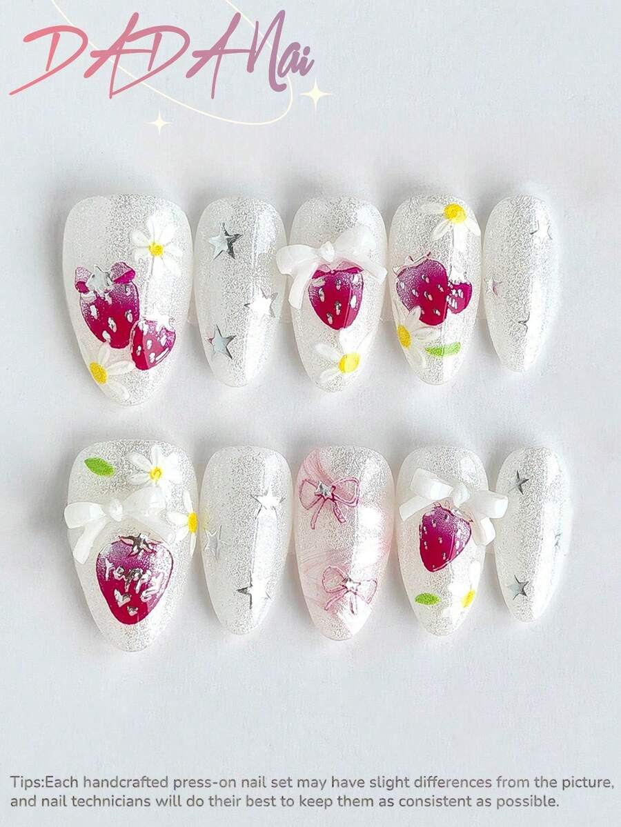 10 pièces de faux ongles à coller de forme amande moyenne, art des ongles d'été, faux ongles blancs pailletés, art des ongles peint à la main avec fraise, marguerite, nœud et étoile argentée, finition brillante, ongles acryliques réutilisables, convient pour un port quotidien - Multicolore - Voir 1